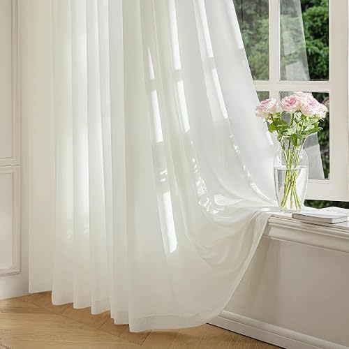 FMFUNCTEX Cream Sheer Curtains, 84 Inch, Rod Pocket, 2 Panels for Bedroom