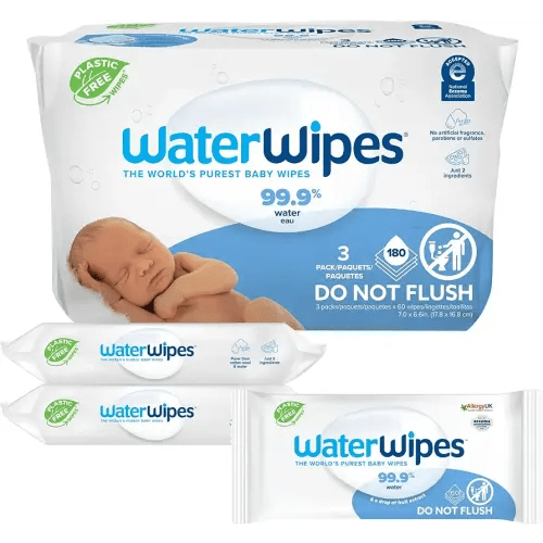 WaterWipes Plastic-Free Original Baby Wipes, 99.9% Water Based Wipes, Unscented & Hypoallergenic for Sensitive Skin, 180 Count (3 packs), Packaging May Vary