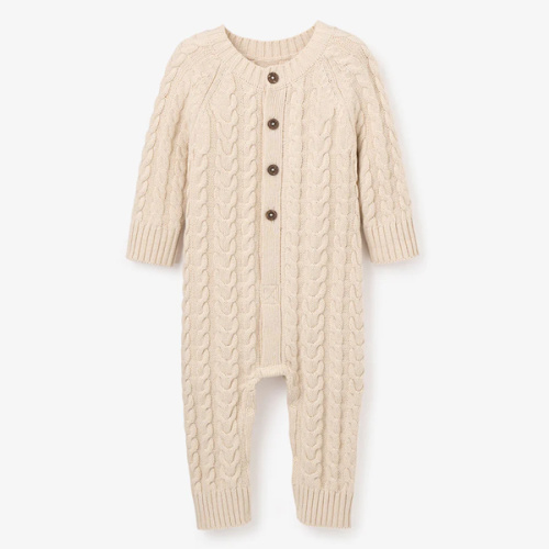 Wheat Horseshoe Cable Knit Baby Jumpsuit