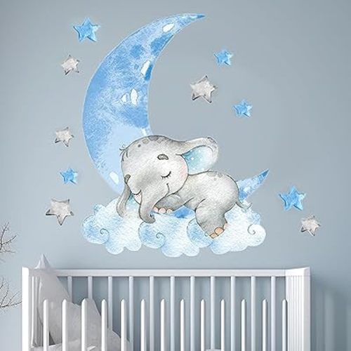Cute Elephant Wall Stickers with Blue Cloud Moon and Stars Wall Decals for Kids Baby Boy Room, Nursery Decor, Home Decoration for Bedroom Playroom (Blue)