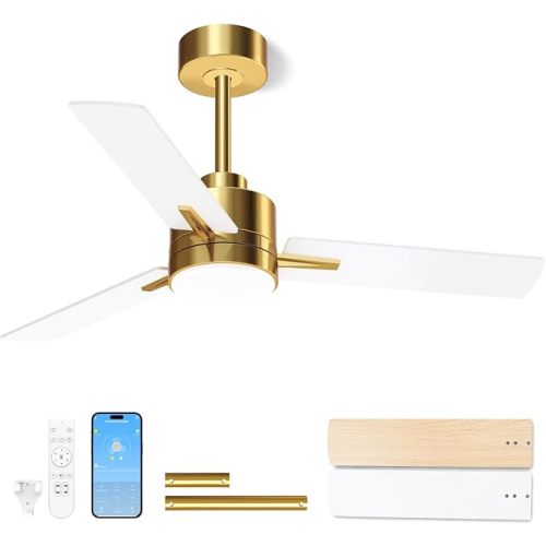 42'' Ceiling Fan with Lights and Remote, Low Profile Modern Ceiling Fan Gold, 6 Speed, Reversible, 3000k-6000k LED, Quiet DC Motor for Indoor Outdoor Bedroom Living Room