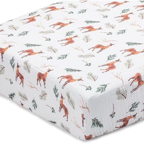 LollyBanks Crib Mattress Sheet 1 Pack, 100% Cotton Baby Crib Sheets, Soft and Breathable Muslin Sheets for Baby Boys and Girls, Snug Fitted Sheet for Standard 52"x28" Mattress, Registry (Deer Print)