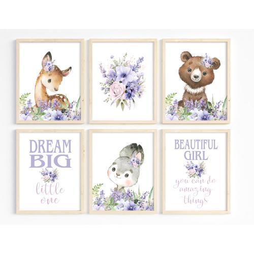 Purple and Pink Nursery Decor, Woodland Animal Prints, Forest Creatures Wall Decor, Dream Big Little One, 6 Unframed Prints or Canvas