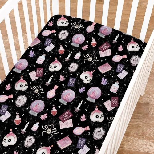 Mystical Halloween Baby Crib Sheets for Boy Girl 52"x28" Cute Skulls Crystal Ball Soft Crib Mattress Covers Spooky Season Bed Sheets for Standard Crib & Toddler Mattress