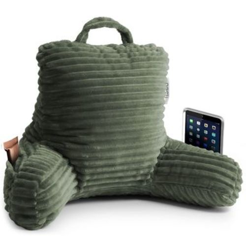 Nestl Cut Plush Striped Reading Pillow for Kids & Teens, Shredded Memory Foam Bed Rest Pillow with Arms, Olive Green