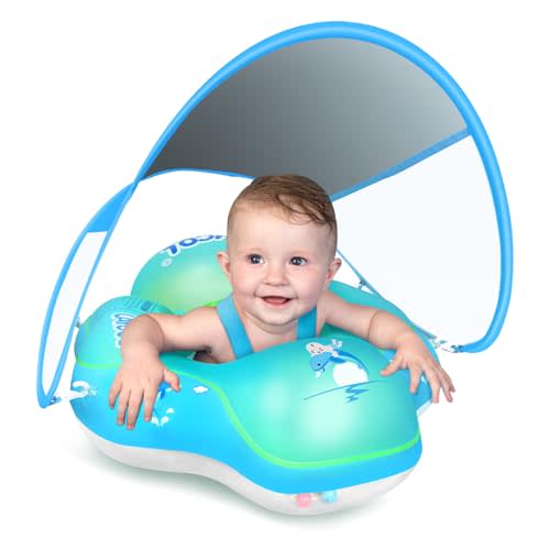 LAYCOL Baby Pool Float with Canopy UPF50+, 5 Point Safety Buckle No Flip Over, Inflatable Toddler Floaties Infant Pool Floats with Double Air Chambers, Baby Beach Essentials/Traval for 3-36M