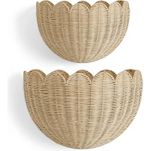 BEBE BASK The Original Scalloped Wicker Wall Basket – Set of 2 – Handwoven Scalloped Wall Baskets (16 x 10 x 7 in), Woven Rattan Wall Hanging Baskets - Natural Scalloped Basket
