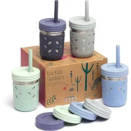 Elk and Friends 10oz Stainless Steel Kids + Toddler Drinking Cups | The Original Mason Jar with Sleeves + Lids | Silicone Straws | Smoothies | Storage Jar | Spill Resistant | Dishwasher Safe | 4 Pack