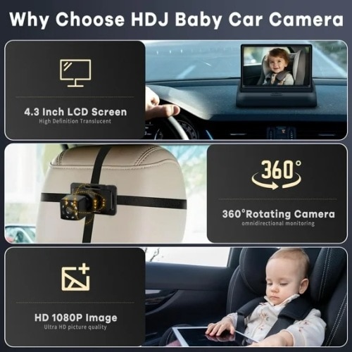 Baby Car Camera, HDJ 4.3'' HD Night Vision Function Car Mirror Display, 360° Adjustable Safety Car Seat Mirror Camera Monitored Mirror with Wide Clear View, Easily Observe Baby’s Move