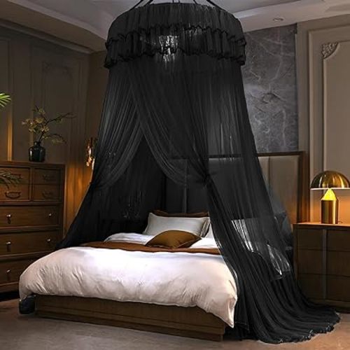Kertnic Mosquito Net Bed Canopy for Girls, Princess Canopy Bed Curtain Fine Sheer Mesh Dome Bed Canopies, Kids & Adults Lace Tent for Twin Full Queen King Bed (Black)
