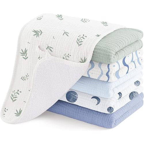 Susurration Muslin Burp Cloths Sets 6 Pack 20x10inch Large Burping Clothes Extra Soft Absorbent for Newborn Unisex Baby Girls and Boys (Bluegreen)