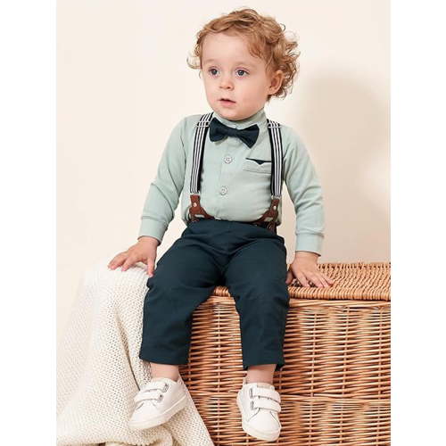 CARETOO Baby Boy Clothes Outfit 0-18M Infant Formal Cotton Fabric Shirt Bowtie Hat Suspender Pants