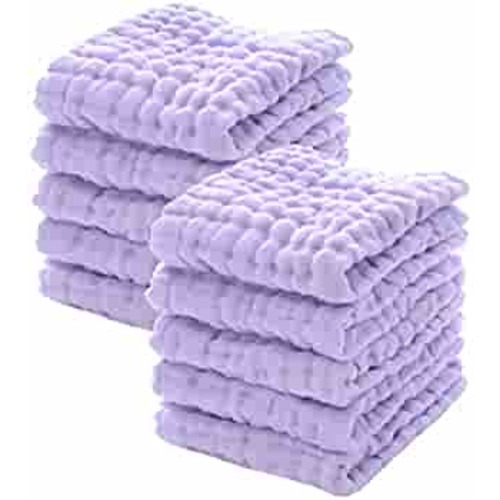 Baby Muslin Washcloths - Natural Muslin Cotton Baby Wipes - Soft Newborn Baby Face Towel for Sensitive Skin- Baby Registry as Shower, 10 Pack 12x12 inches by MUKIN (Purple)