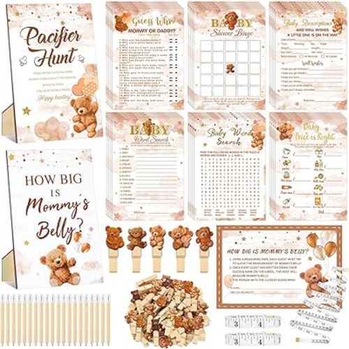 Funnymoom 426 Pcs Brown Bear Baby Shower Games Set-8 Games, Includes Baby Shower Bingo, Price is Right, Guess Who, Word Scramble, Prediction and Advice, How Big is Mommy's Belly, Don't Say the Words