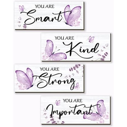 DONFENTHY 4 Pcs Butterfly Wall Decor Purple Room Decor Wooden Positive Butterfly Inspirational Word Sign for Teen Girls Women Bathroom Bedroom Office(Purple,10x4 Inch)