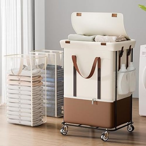 Double Laundry Hamper with Lid, Rolling Laundry Basket with Wheels and 2 Removable 75L Bags, 2 Section Large Capacity for Laundry Bedroom Bathroom Dorm, Easy Move & Organize,150L White