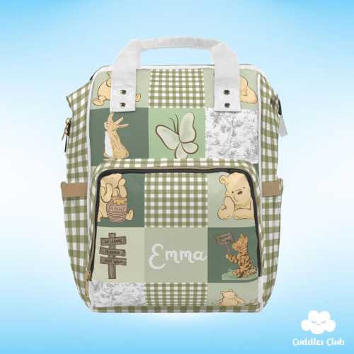 Personalized Pooh Bear Diaper Backpack - Sage Green Nursery Bag