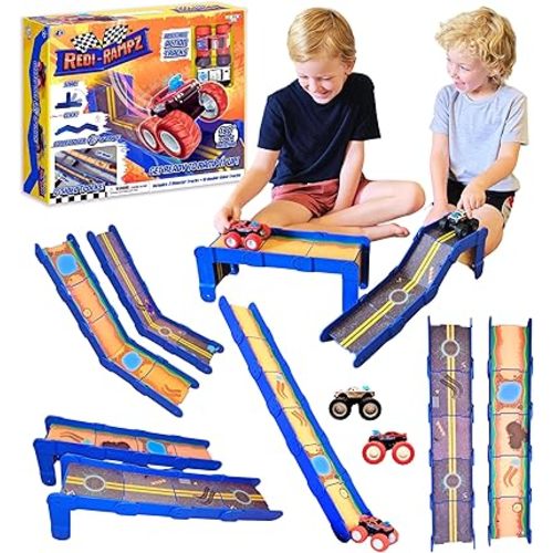 STEM Ramp Builder Set by Redi-Rampz–10 Modular Track Pieces with Adjustable Angles + 2 Monster Trucks | Build Custom Ramps, Bridges & Jumps (Ages 3+, No Batteries, Fits 1:64 Vehicles)