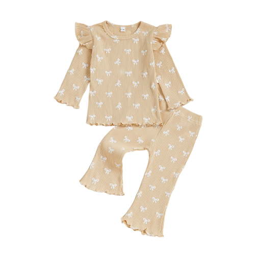 Loicainy Toddler Baby Girl Fall Outfits 6 12 182 4 Months 2T 3T 4T Bow Print Ribbed Long Sleeve Round Neck Pullover + Elastic Waist Flare Pants Clothes Set