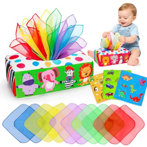 Thremhoo Baby Tissue Box Toy 6-12 Months Montessori Toys 6 7 8 9 Month Old | Pulling Sensory Game,Crinkle Sound Tissues, Babies Boy Girl Must Haves, 1 Year Old Baby Shower & Birthday Gifts