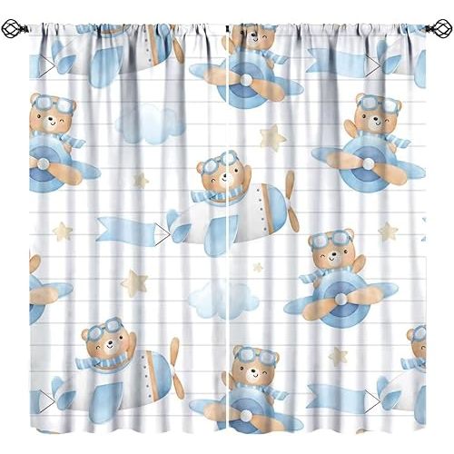 Blue Bear Curtains for Boys, Cartoon Cute Adventure Bear Airplane Clound Stars Print Window Treatments for Baby Bedroom Living Room, 72" W X 63" L