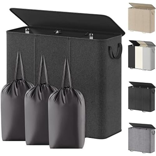 Lifewit Triple Laundry Hamper with Lid and Removable Laundry Bags, Large Collapsible 3 Dividers Dirty Clothes Basket with Handles for Bedroom Laundry Room Closet Bathroom College, 185L Black