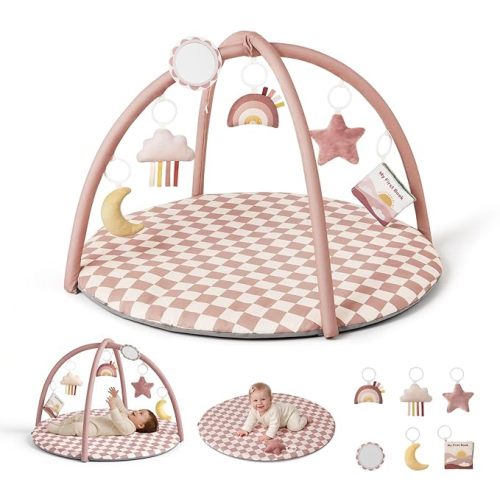 Blissful Diary Baby Play Gym Mat, Play Mat Activity Mat with 6 Detachable Toys for Stage-Based Sensory & Motor Skill Development, Easy to Install & Clean, Baby Essentials Gift, Blush Checkered