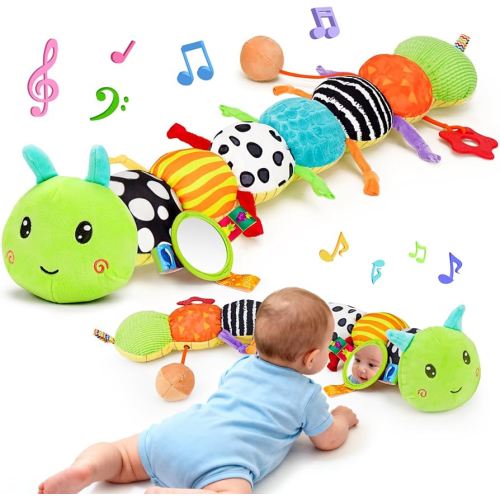 Baby Sensory Toy 0-6 Month Music Animal Stuffed Plush Caterpillar Toy for Infant 0-3-6-12 Month Old Tummy Time with Baby Mirror Crinkle Rattle Carseat Toys for Newborn Boys Girl Shower Gifts