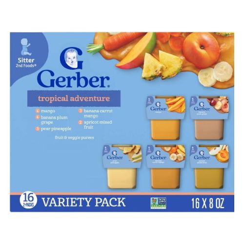 Gerber Baby Food Stage 2 Tropical Adventure Variety Pack Puree 2oz Tubs (32 Pack)