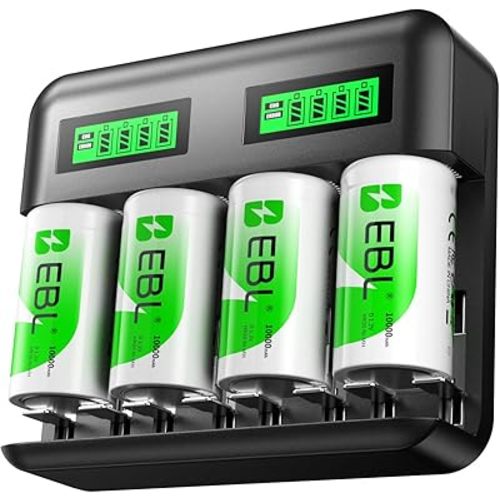 EBL Rechargeable D Batteries 4 Pack 1.2V 10000mAh High Capacity with LCD Smart Battery Charger for Ni-MH AA AAA C D Rechargeable Batteries