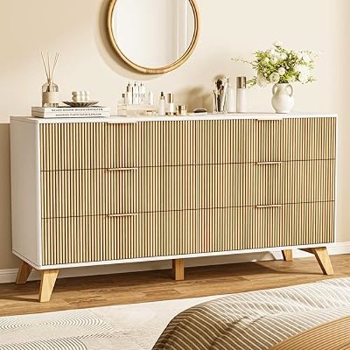 Fluted Dresser 6 Drawer, 53.43 Inch Fluted Wood Double Dresser with Metal Handles Curved Design Wide Storage Organizer Cabinet Modern Chest Dressers for Bedroom Living Room Entryway