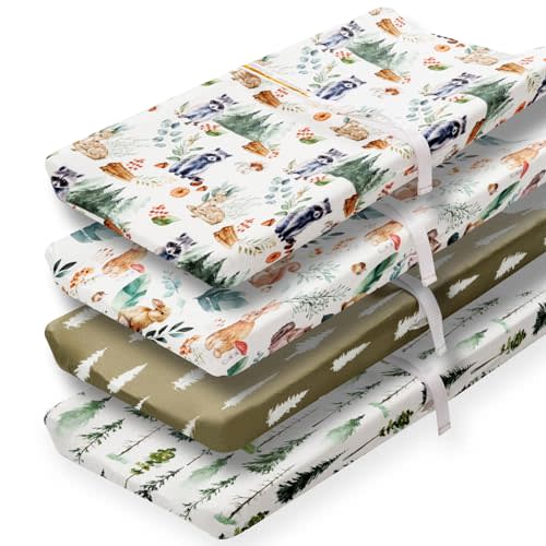 4 Pack Changing Pad Covers Woodland Forest Animals Wood Neutral Unisex Fitted Baby Changing Pad Cover Set for Baby Boys or Girls (Raccoon)