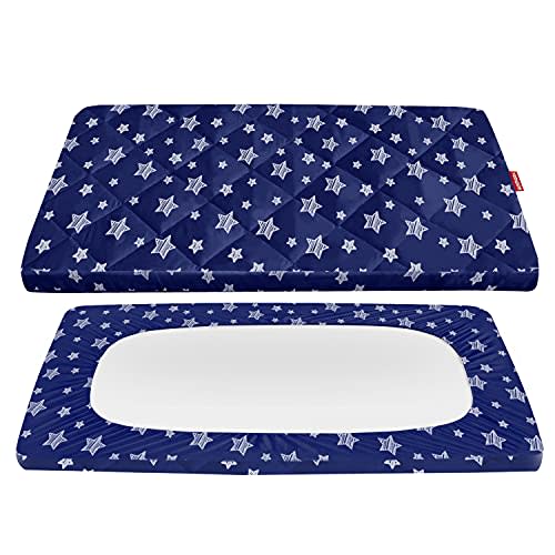 Pack and Play Sheets Fitted, Breathable Thick Playard Lovely Print Cover 39"×27"×5" Compatible with Graco Pack n Play, Navy Star