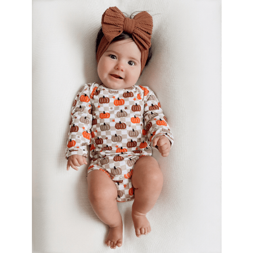 Long Sleeve Bodysuit, Pumpkin Checkerboard