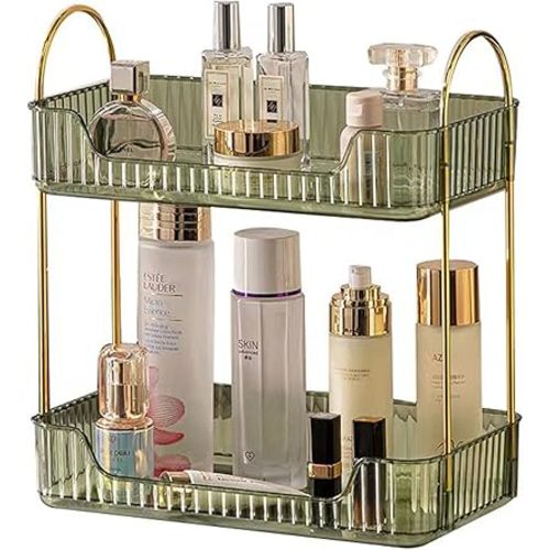 shuang qing Bathroom Counter Organizer Countertop Storage, Cosmetics Skincare Shelf, Makeup Organizer Perfume for Dresser Vanity Tray, Spice Rack for Kitchen(2 Tier-Green)