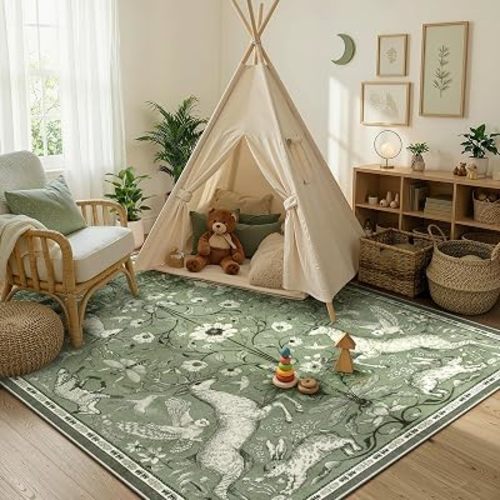 Lahome 5x7 Washable Area Rug for Living Room, Woodland Deer Boho Animal Rug, Vintage Botanical Green Non-Slip Low Pile Large Carpet for Bedroom Dining Room Nursery Farmhouse Decor