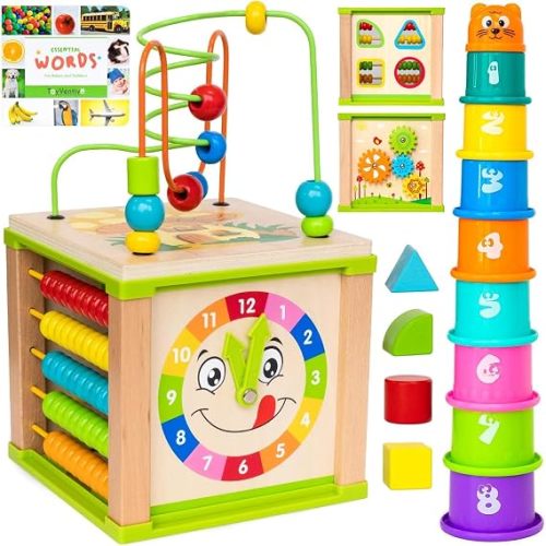 Wooden Activity Cube for 1 Year Old - 1 Year Old Boy Gifts - 1 Year Old Boy Toys - Educational Toys for 1 Year Old - Busy Cube with Bead Maze Toy - Baby Stacking Cups & Board Book - Blue Gift Box