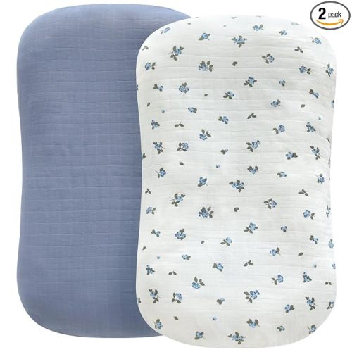 LifeTree Muslin Baby Lounger Cover, Newborn Slipcover Lounger Cover for Boys Girls Infant, Soft Organic Cotton, Cover Only, Blueberries and Mist Blue, 30.7in x 20in