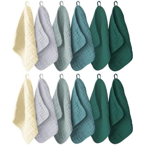 Ease Cubs 12 Pack Muslin Washcloths for Baby - 100% Cotton Baby Wash Cloths for or Baby Face Body Comfy and Soft for Newborn Infants Kids Girls and Boys - 12"x12" - Ivory, Slate and Emerald Series