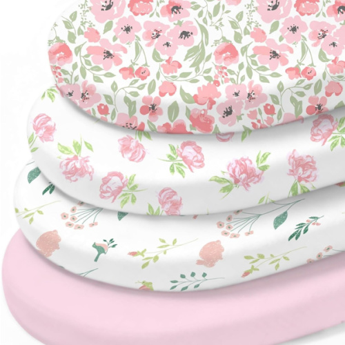 Little Grape Land Bassinet Sheets 4 Pack, 33" x 18" Fitted Bassinet Sheets Up to 4" Deep Pocket, Ultra Soft Baby Bassinet Fitted Sheets for Bassinet Mattress, Rose Garden