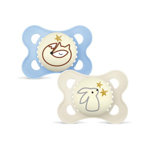 MAM Night Pacifier 0-6 Months Unisex 2 Pack with Self-Sterilizing Glow-in-the-Dark Case