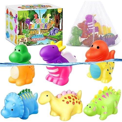 Color Changing No Hole Toddler Bath Toys for Kids Ages 1-3 4-8, Dinosaur Bath Toys Toddlers 2-4, Dinosaur Toys, Valentines Gifts Birthday Valentines Basket Stuffers Bathtub Water Toys with Drying Bag