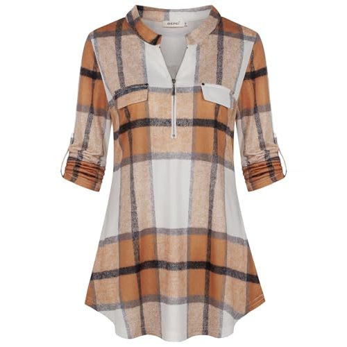 BEPEI Womens Floral 3/4 Sleeve Shirts Zip up V Neck Work Chiffon Blouses Top