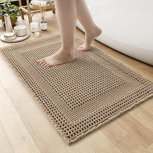 AMOAMI Waffle Bath Mat, Absorbent Bathroom Rugs Non Slip 17''x24'' Beige
