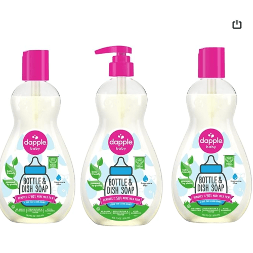 Dapple Baby Bottle Soap, Hypoallergenic Dish Soap for Baby Bottles, Powered by Plants, 1 Pump Included, Packaging May Vary, Fragrance Free, 16.9 Fl Oz (Pack of 3)