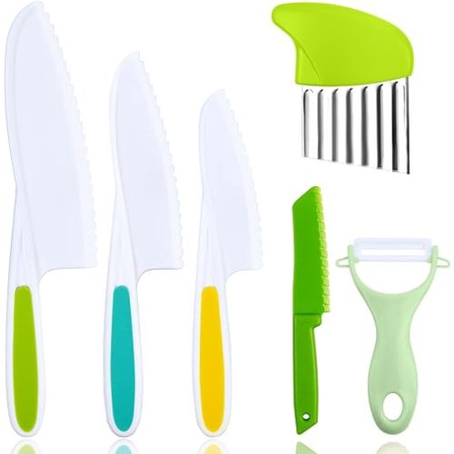 Montessori Kitchen Tools,6Pieces Knives for Kids Nylon Kids Safe Cooking Knives Serrated Edges,Y Peeler For Cooking and Cutting Fruit,Suitable for Children and Beginners