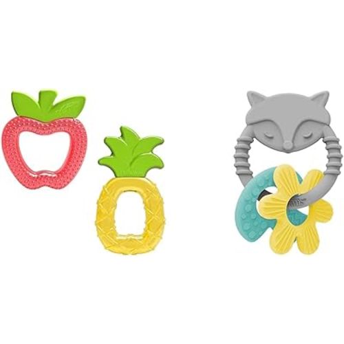Dr. Brown's AquaCool Water-Filled Baby Teether 2 Pack, Learning Loop Fox Baby Teether Ring, Pineapple Apple Shapes, 100% Silicone, BPA Free, 3m+