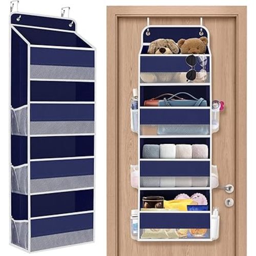 1 Pack Over The Door Organizer, Hanging Storage Organizer with Clear Window, 40lb Ultra Sturdy Large Capacity Room Organizer for Pantry Laundry Bathroom Nursery Closet (Blue)