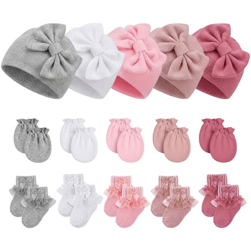 Ramede 5 Pack Preemie Newborn Hats Mittens Socks Set Cotton Bow Knot Caps Non-Scratch Gloves Ruffle Lace Socks for Girls Boys