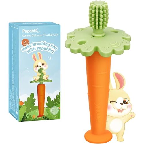 Papablic Baby Toothbrush Teether, Teething Toys 6-12 Months, 360° Carrot Teether Baby Stuffers, Infant Toothbrush with Suction Base